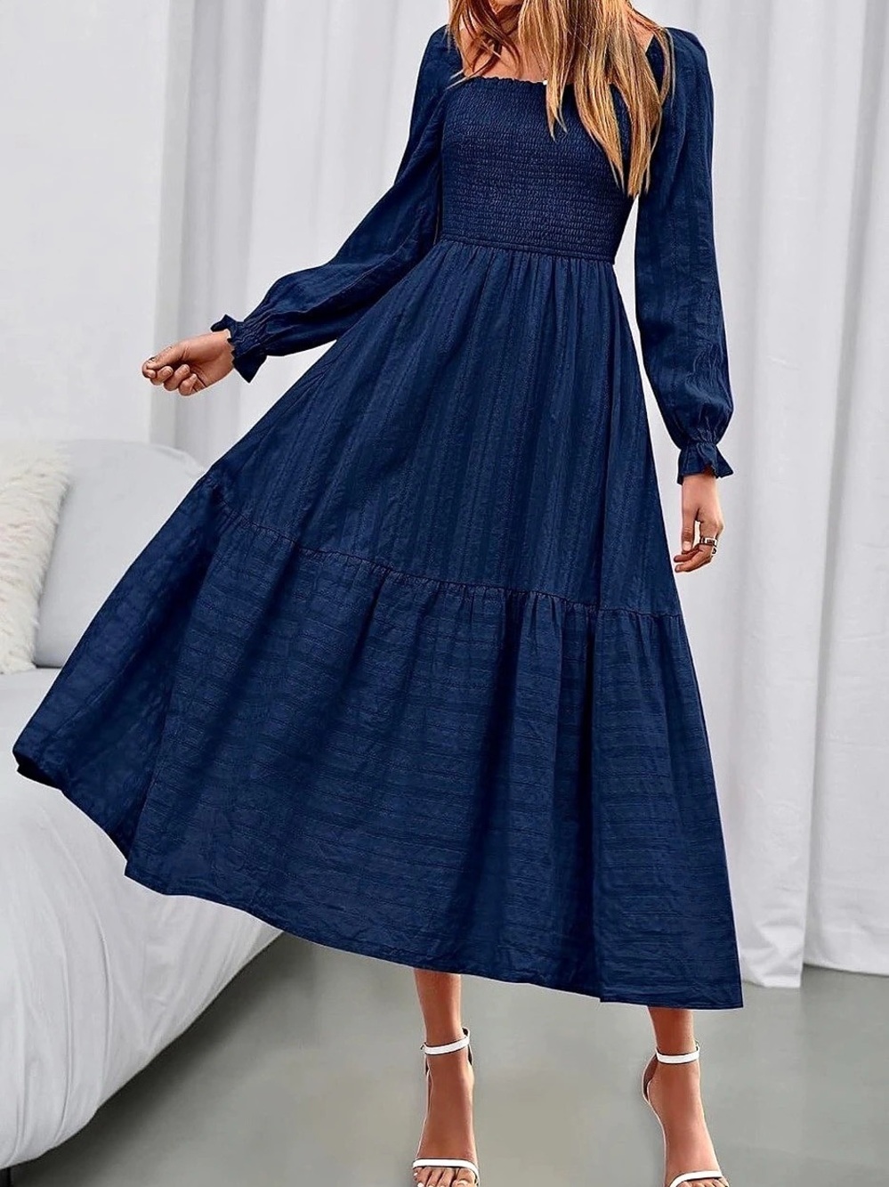 BTFBM Women's Long Sleeve Square Neck Smocked Tiered Midi Dress Blue Maxi Dress